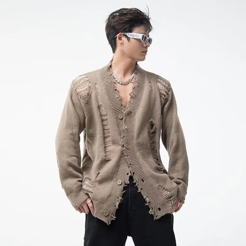 Description Picture 6 of itemY2K Men Cardigan Japanese Harajuku Hole Single Breasted Sweater Jacket Fashion V-neck Streetwear Couple High Street Knitted Coat