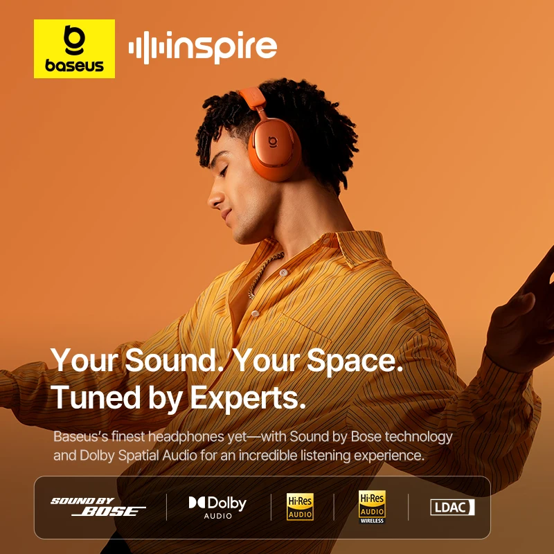 سماعة رأس لاسلكية Baseus Inspire XH1 بتقنية Sound by Bose ANC، بلوتوث 6.1، إلغاء الضوضاء التكيفي 48 ديسيبل، سماعة Hi-Res LDAC، عمر بطارية 100 ساعة.