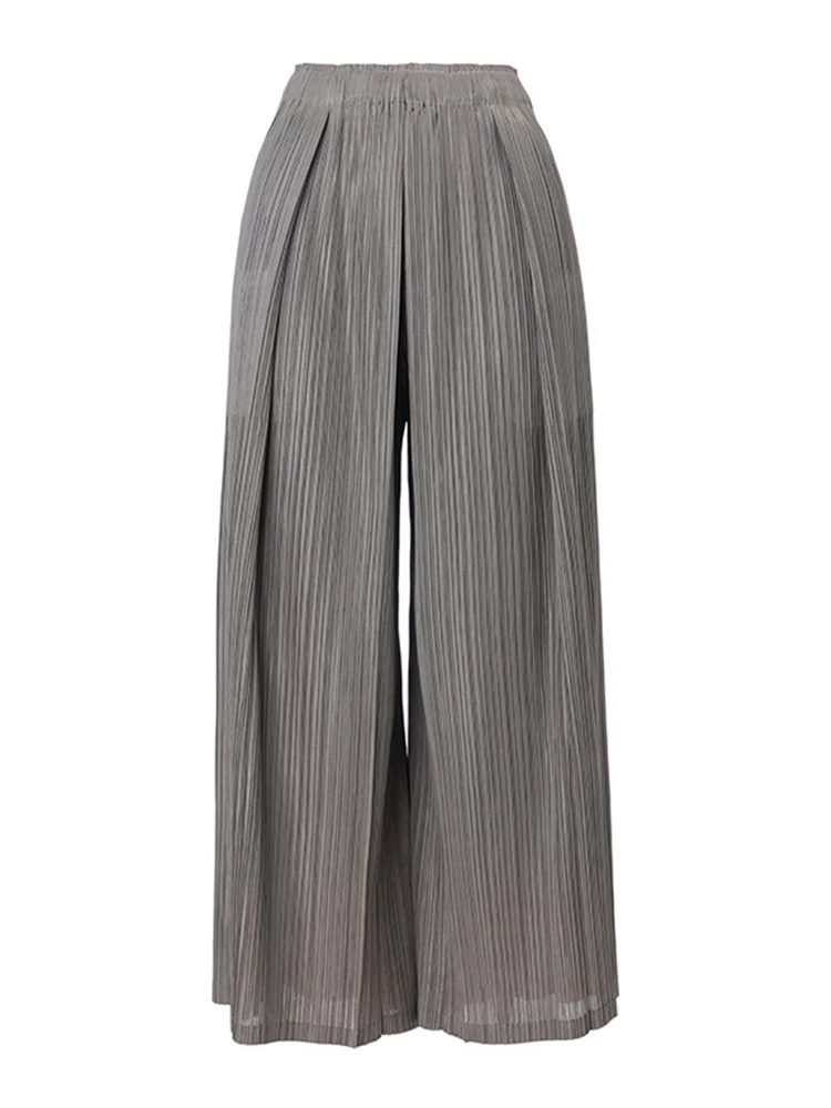 LANMREM Folded Design Elastic High Waist Women's Trousers 2026 New Summer Pleated Wide Leg Pants With Pockets Chic Cloth 2DB3511