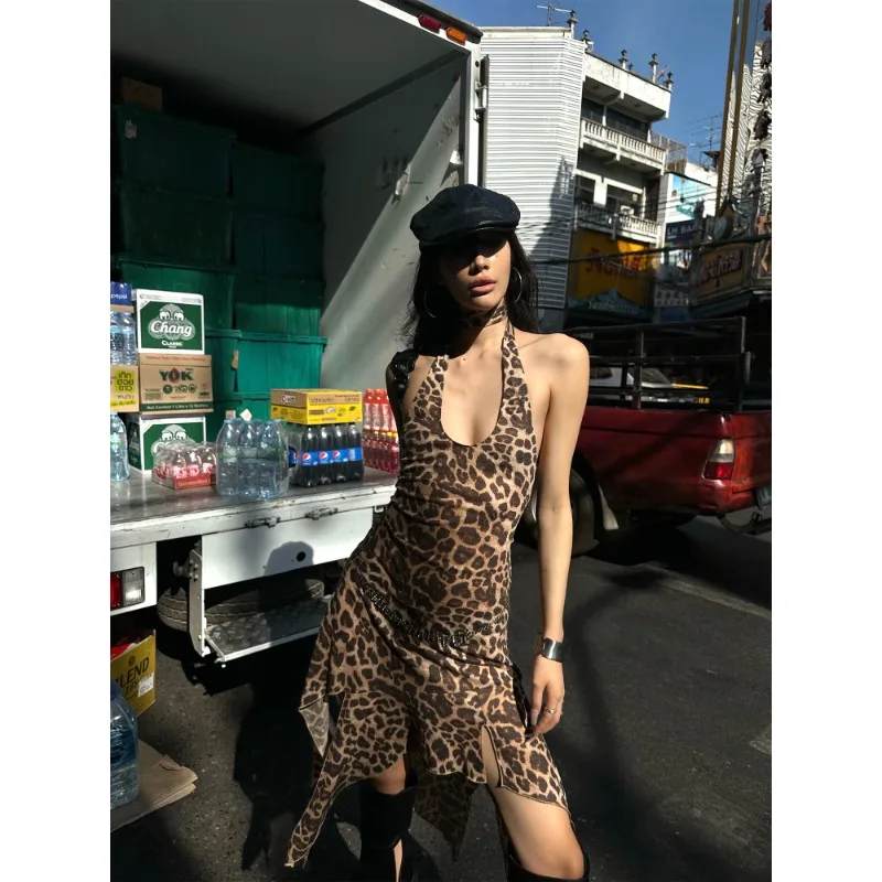 

2024 Summer Hottie Dress Sexy Leopard Halter Irregular Hem Y2k Hanging Neck Backless Dresses