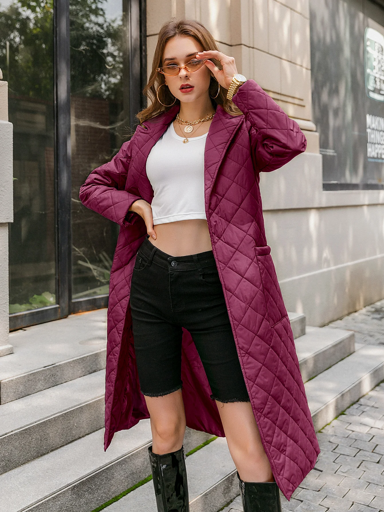 Simplee Long straight winter coat with rhombus pattern Casual sashes women parkas Deep pockets tailored collar stylish outerwear 6