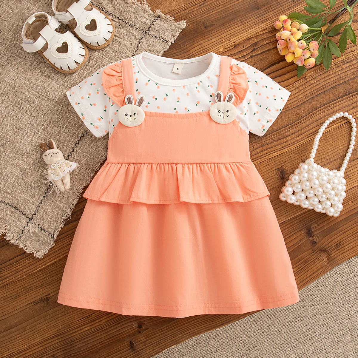 فستان بناتي قطعتين زهور وأرنب