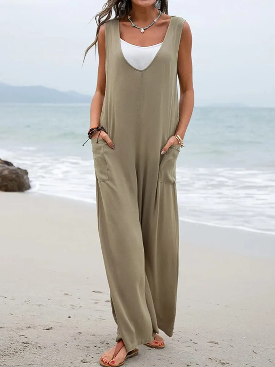 

Vintage Solid Black Overalls for Women Jumpsuit Beach Sleeveless Double Pocket Leisure Summer Jump Suits Lady Clothing
