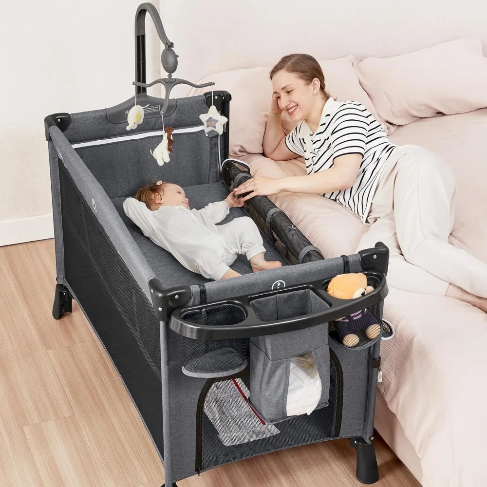 

ANGELBLISS 5 in 1 Baby Bassinet, Bedside Crib & Playpen, Pack and Play Bassinet with Diaper Changer and Removable Rocker