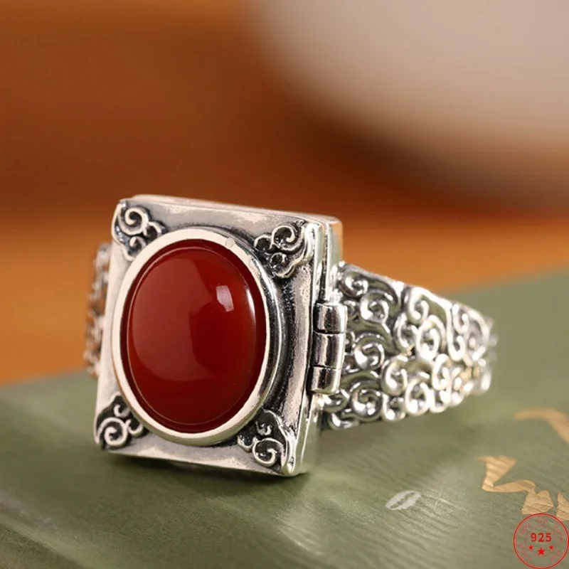 

S925 Sterling Silver Rings for Women Men New Fashion Eternal Rattan Pattern Red Agate Can be Opened Punk Jewelry Free Shipping