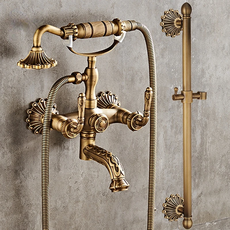 AntiqueBrassBathtubShowerFaucetsSetWallMountedSwivelTubSpout