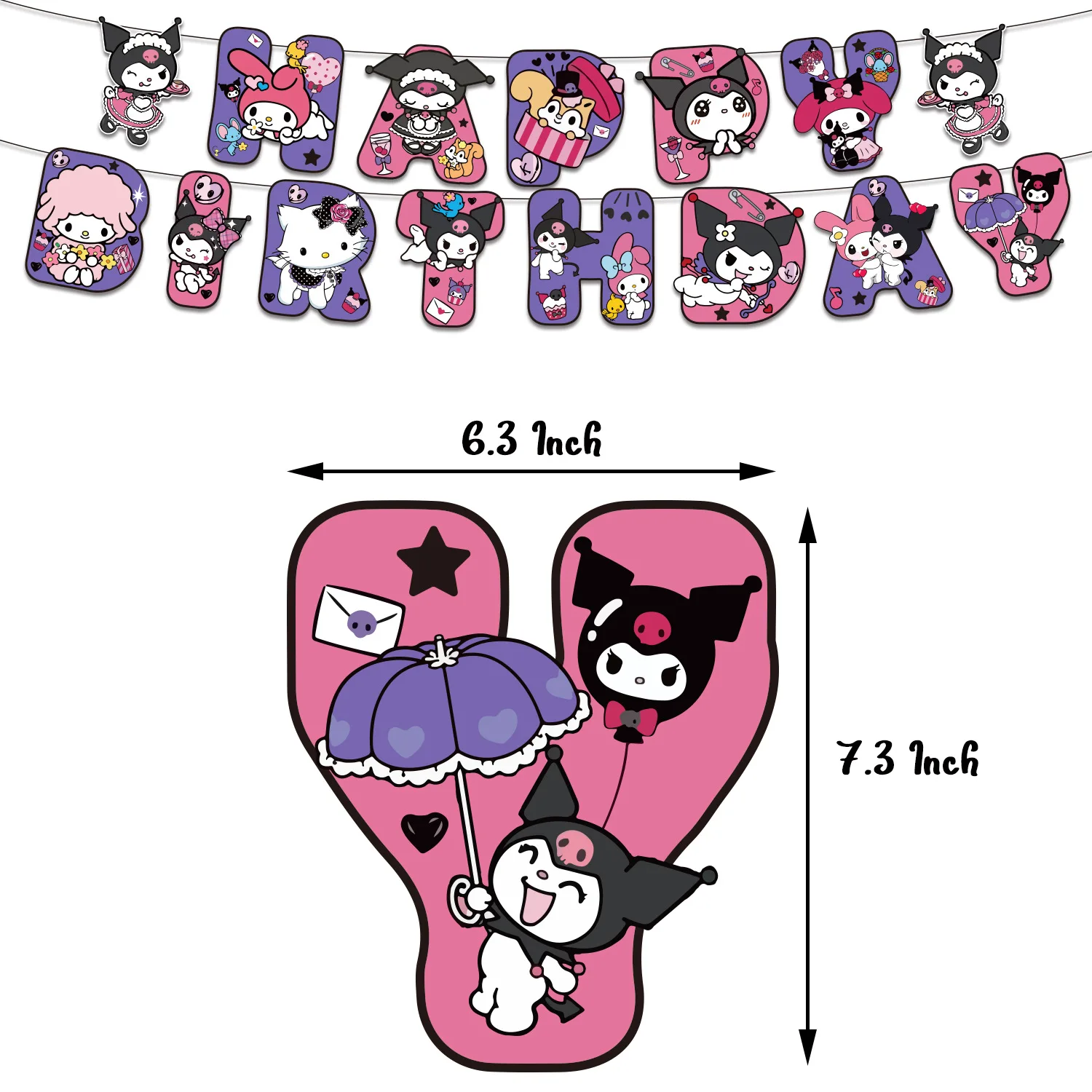 thumbnail image 1 of Fondo de tarjeta de invitación con espiral y globo para fiesta temática de Anime Sanrio Kuromi, bandera de feliz cumpleaños, pastel, decoración para cumpleaños de niña, 1 of 4