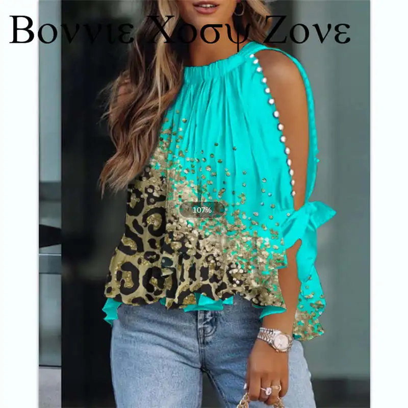 

Women Summer Contrast Leopard Print Split Sleeve Casual Top