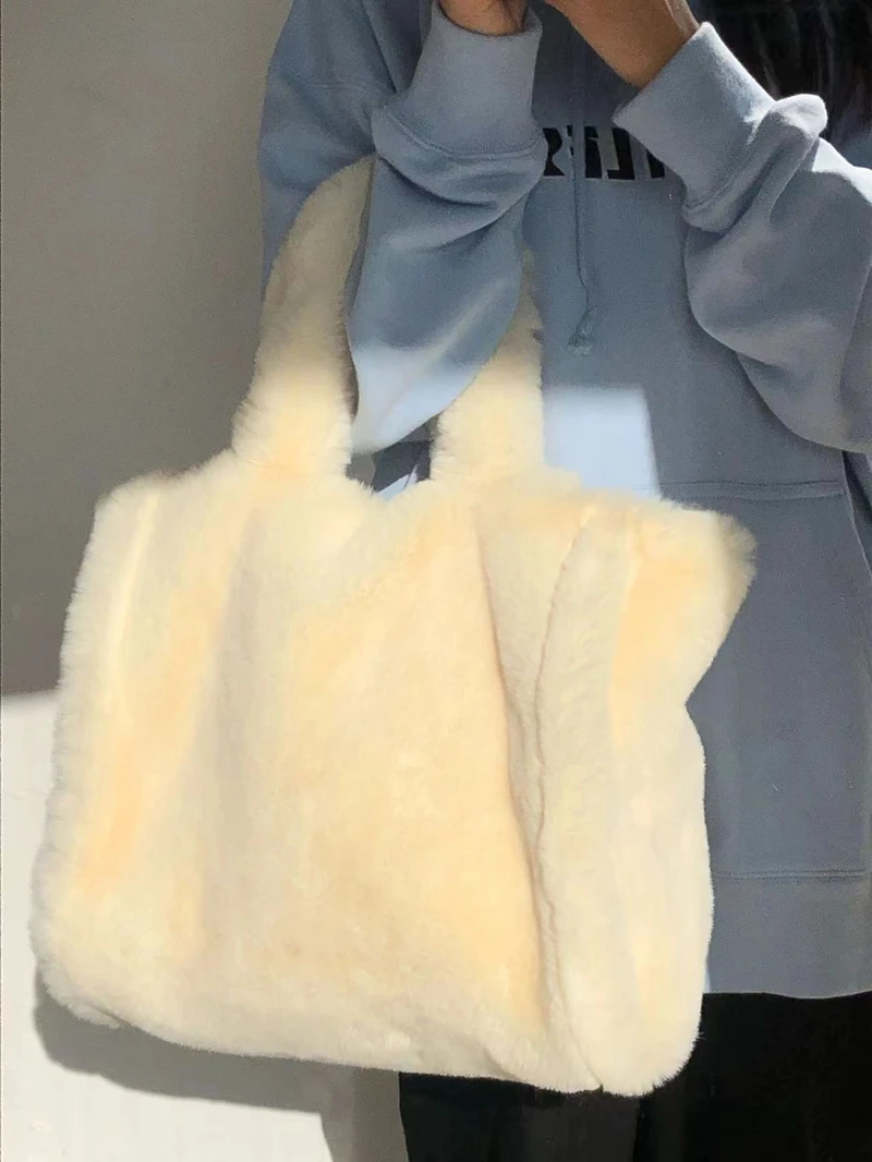 Mode Winter Große Kapazität Flauschige Umhängetasche Weiche Plüsch Tote Handtasche Lässige Warme Einkaufstasche – Detail 2