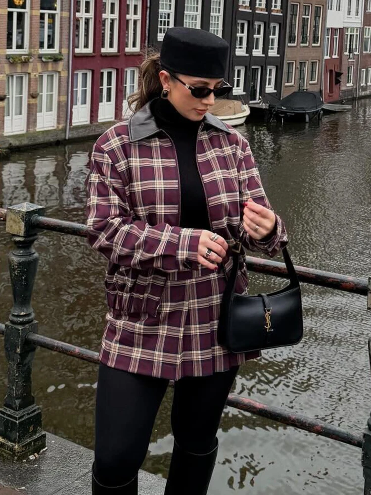 Women Plaid Mini Skirts Two Piece Sets 2025 New Chic Fashion Zipper Bomber Jacket Women's Suits Spring Autumn Woman Outfits