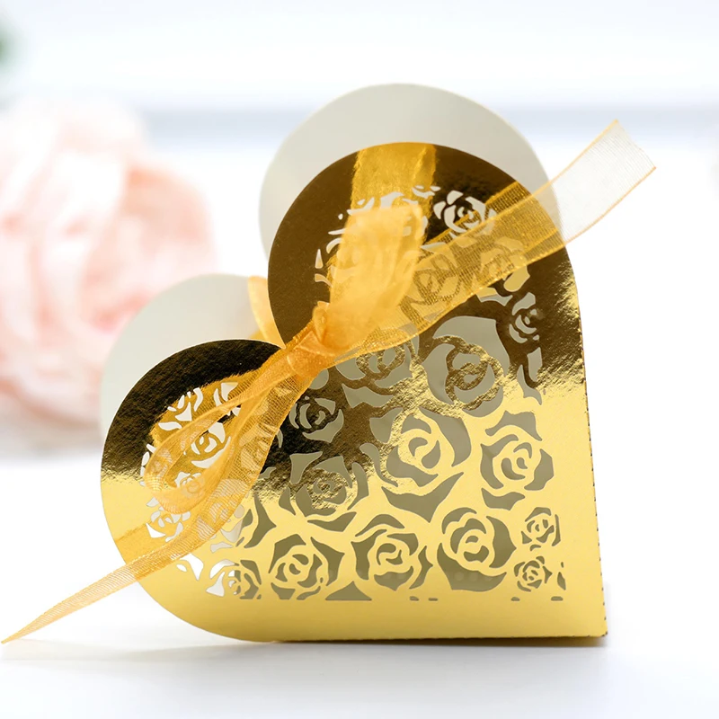 

50pcs Candy Box Heart Shape Rose Pattern Multiple Color Gift Paper Bags Favors for Guests Packaging for Wedding Birthday Party