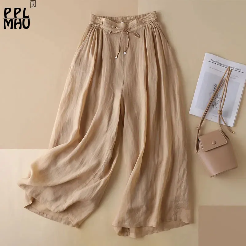 

Summer Thin Vintage Wide Leg Pants Women 92cm Ramie Lace Up High Waist Baggy Pantalones Oversize 3XL Casual Trousers Mother