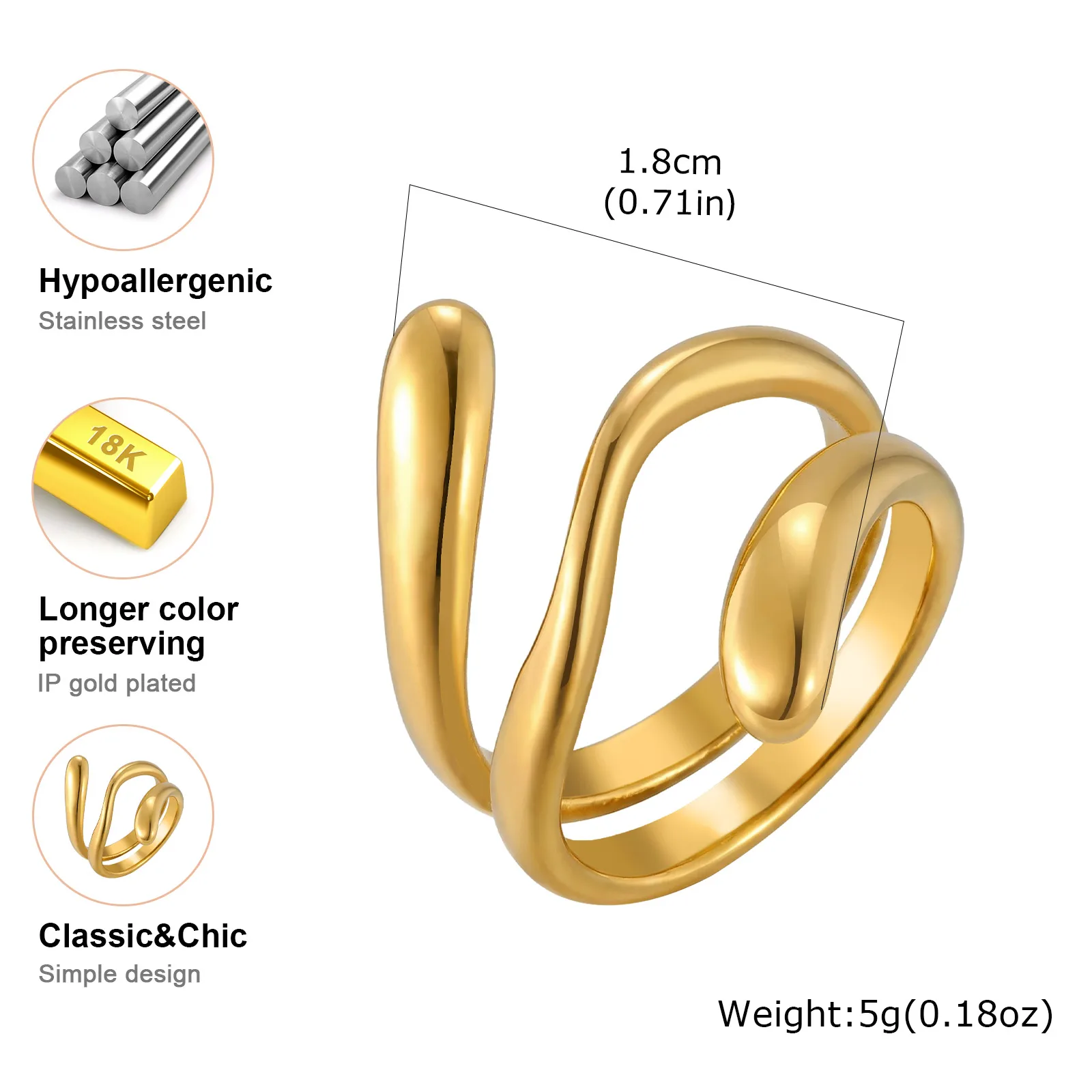 Eleganter Luxus Edelstahl Unregelmäßiger Mehrschichtiger Glatter Ring für Frauen Nicht Verblassender Vergoldeter Ring Klassischer Ästhetischer Schmuck – Detail 11