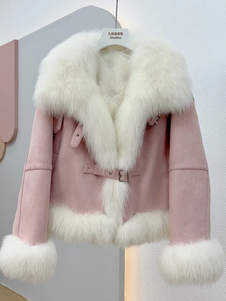 Short Lapel Down Jacket Real Fox Fur Thick Warm Coat Winter New Fashion Design Female Trendy Classic Elk Skin Outer Wear Fluffy