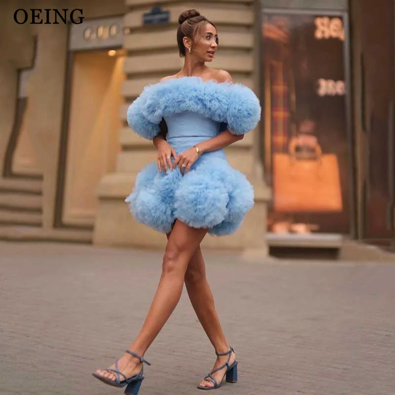 Oeing Elegant Sky Blue Short Prom Party Dresses Off The Shoulder Silk Organza Flowers Abito A Strati Mini Abiti Per Eventi Di Ritorno A Casa