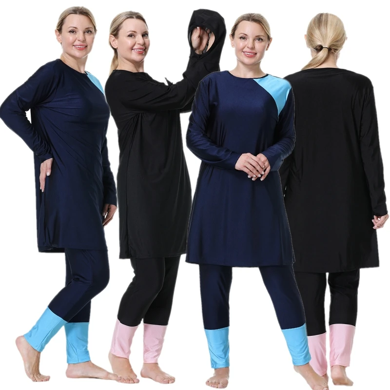 이슬람 여성 수영복, 라운드 넥 풀 커버 수영복, 이슬람 긴 소매 패치워크, 수영 버키니, 3 개