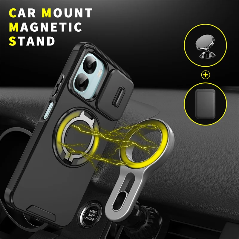 Armor  Slide Lens Protection Phone Case with Car Magnetic Ring