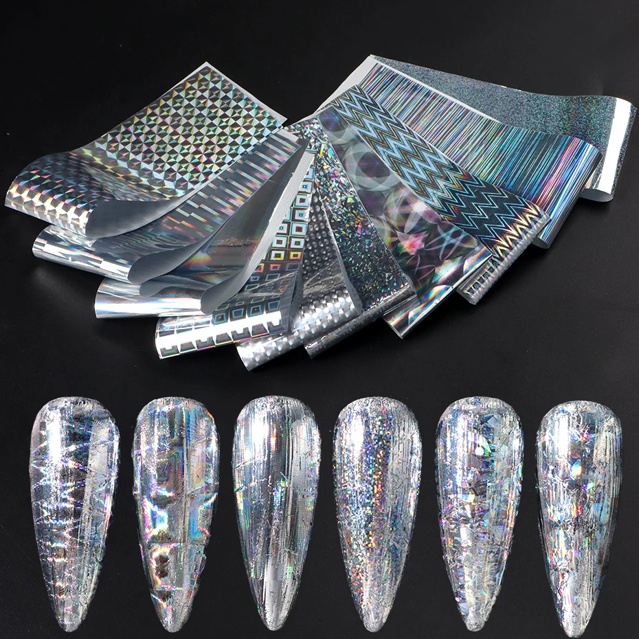 10 Stück Holographische Chrom-Silber Nagelkunst-Folienaufkleber Schillernde Regenbogen Geometrische Aurora Laser-Nagelfolien Dekoration – Detail 10