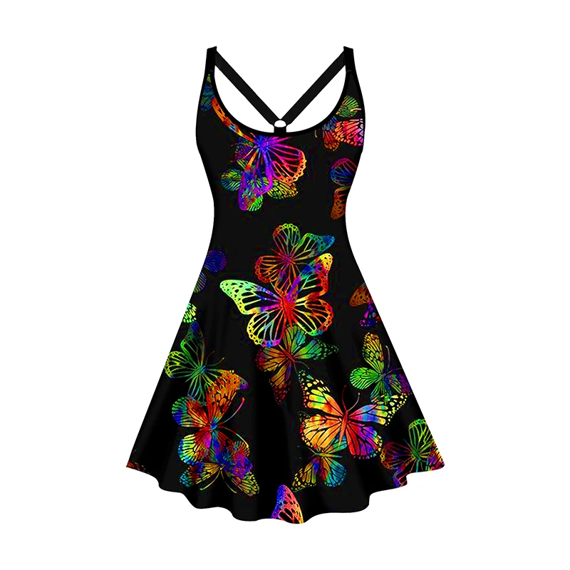 

Plus Size Mini Dress Colorful Butterfly Print Tank Dress A Line Casual U Neck High Waist Dress Summer 2024