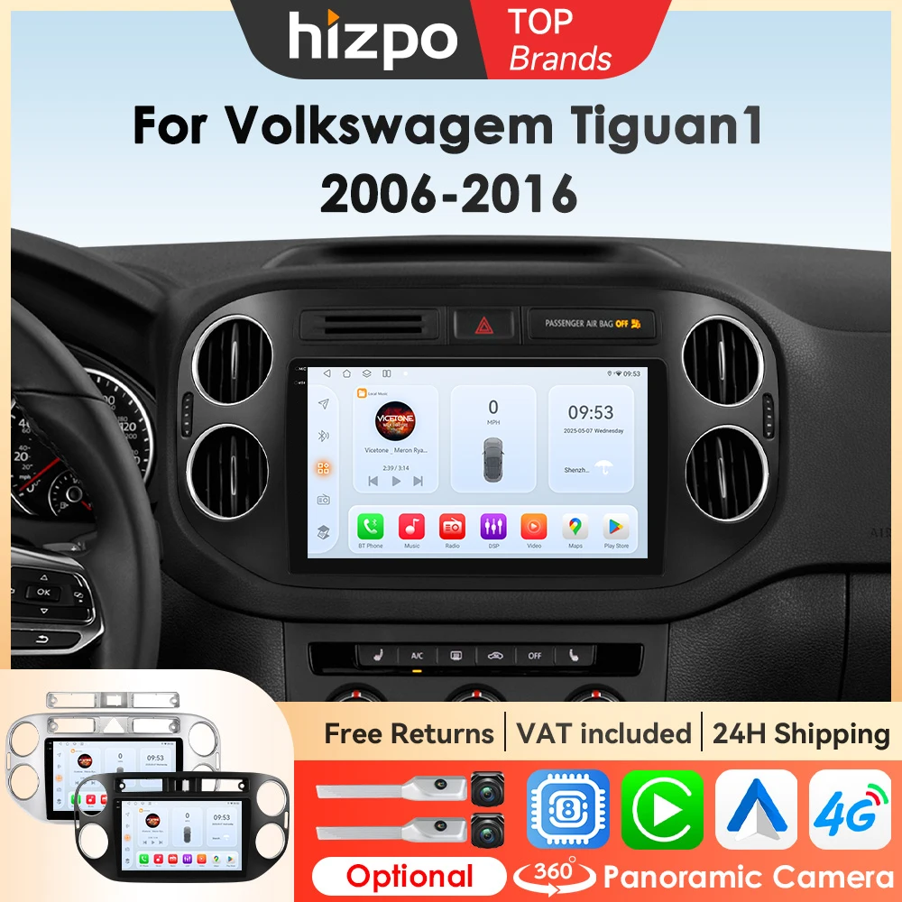 Hizpo AI Sprachradio für VW Volkswagen Tiguan 1NF 2006–2016, Auto-Multimedia-GPS, 2 DIN Autoradio, kabelloses CarPlay, Android Auto RDS