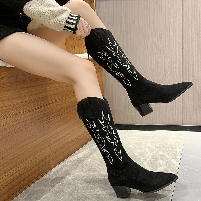 Large Size Women Boots Retro Embroidery Western Denim Boots Women's Pointed High Heels V-neck Knee High Fashion Knight Boots