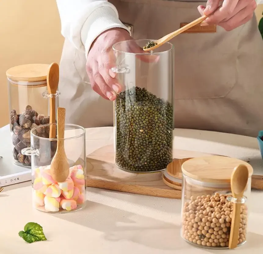 Glass Sealed Jars Seasoning Jars Set with Wooden Spoon and Wooden Lid Seasoning Jars Candy Household Containers Storage Jars 2