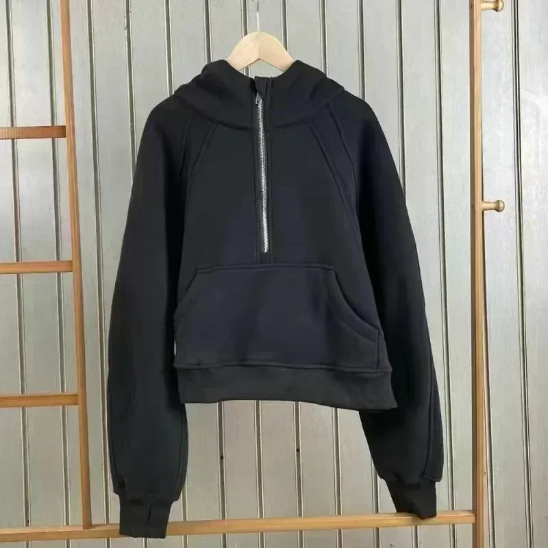 Lemon Winter Scuba Oversized Cropped Hoodies Relaxed Fit Sweatshirt Waist Length Sweater Yoga Wear Women Define Jackets Coat