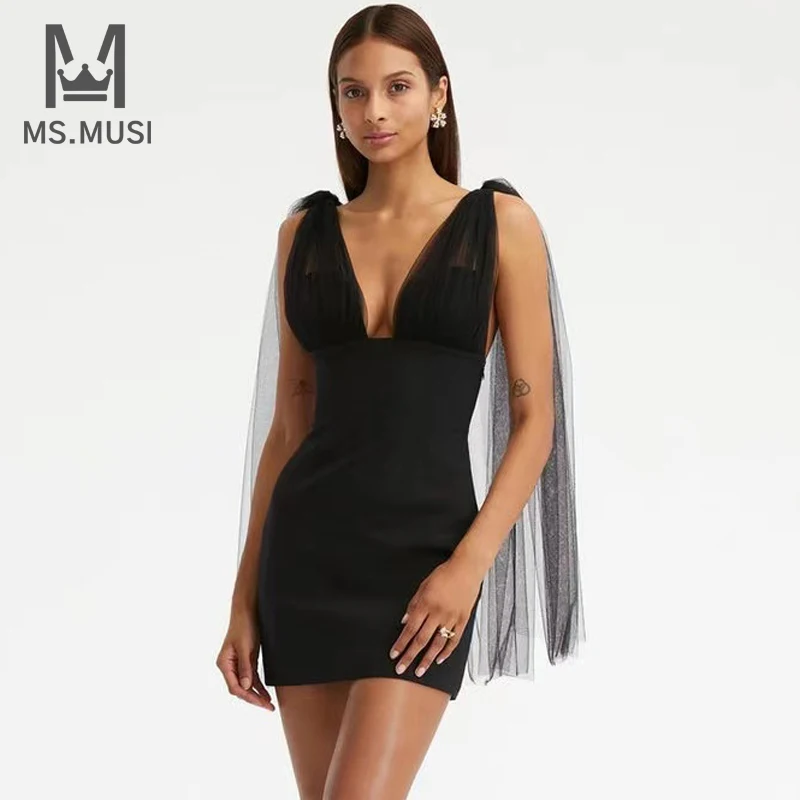 

MSMUSI 2023 New Fashion Women Sexy Black Strap Deep V Lace Mesh Sleeveless Backless Bandage Party Club Bodycon Event Mini Dress