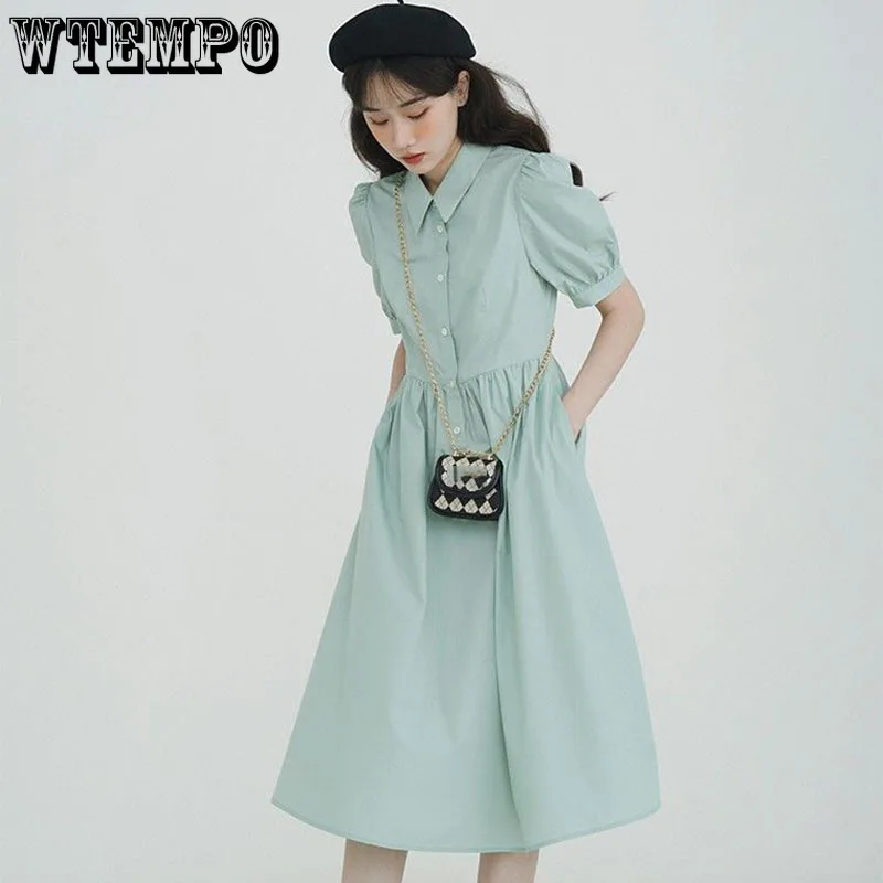 

Dress Female Summer Sweet Short Sleeve A-LINE Mid-Calf Length Turn-down Collar Light Green Dresses for Women