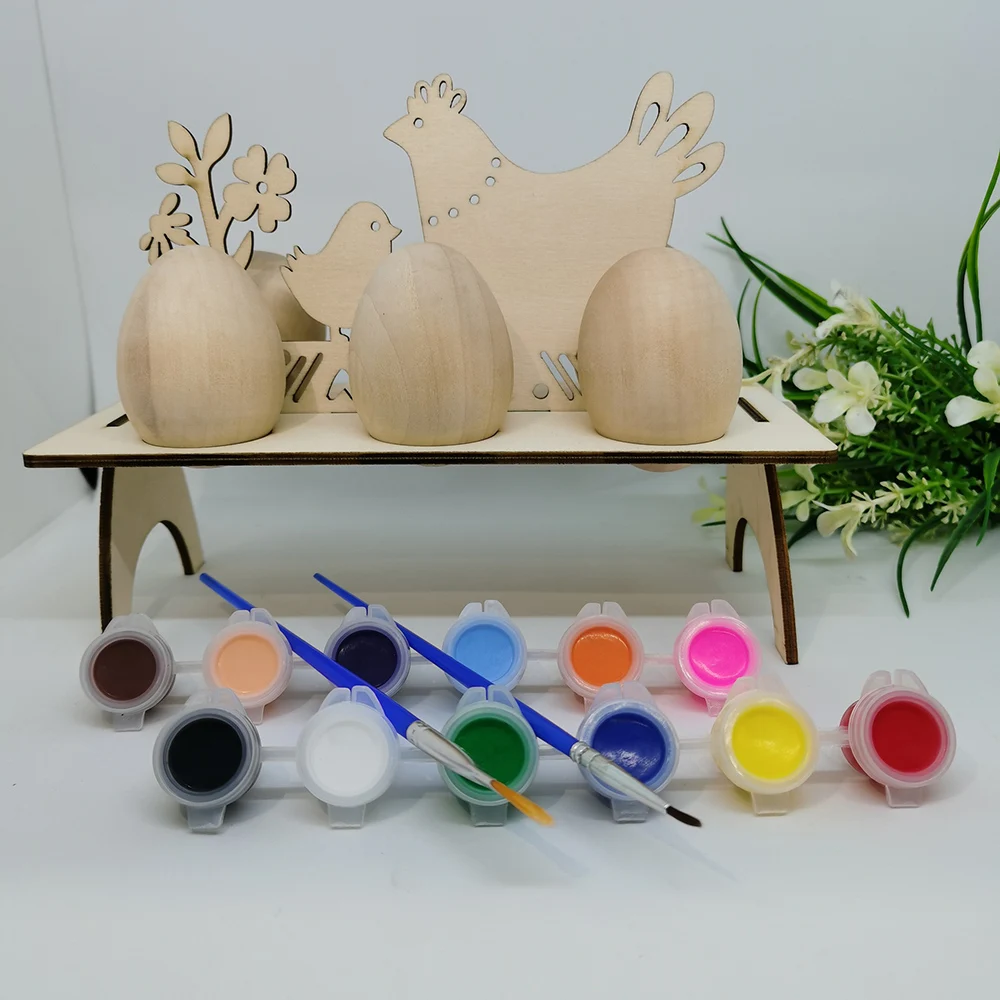 5pcs Wooden Easter Eggs+12 Colors +2 Paintbrushes DIY Graffiti Egg Set For Children's Painting Toy Home Decoration