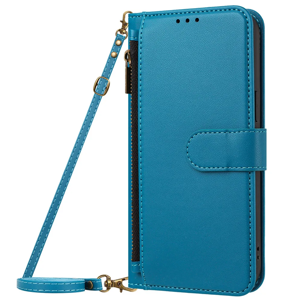 Leather Wallet Crossbody Phone Case with Lanyard Strap and Zipper