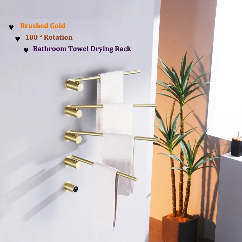 Brushed Gold ชั้นวางผ้าเช็ดตัวไฟฟ้าพร้อมหน้าจอสัมผัสหมุนได้ 180 องศาการติดตั้งแบบปกปิด 3 บาร์ 4 บาร์ 5 บาร์ตัวเลือกม 1