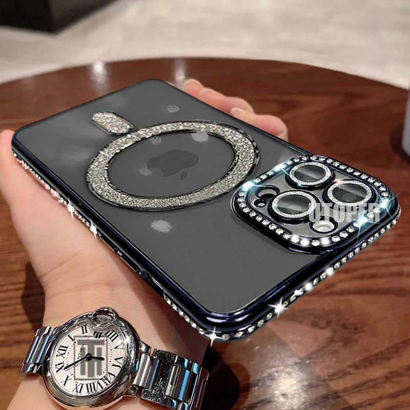 Luxury Pink Plating Shining Diamond Case For iPhone 16 15 14 13 12 11 Pro Max Plus Transparent Magsafe Magnetic Protective Cover