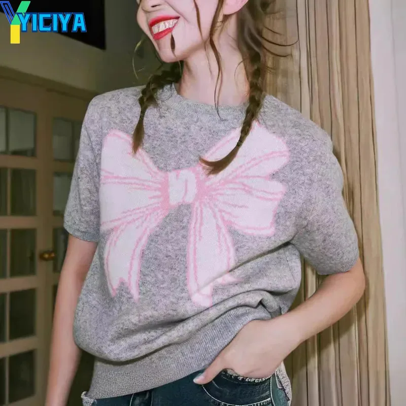 

YICIYA Bow knot T-shirts Knitting tshirt for women short sleeve oversize crop top 2024 summer Korean fashion new outfit clothes