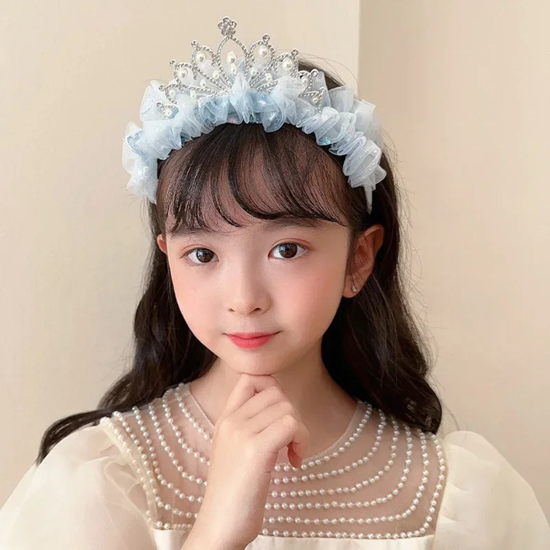 Baby Rhinestone Lace Princess Hair Band for Kids Girls Cute Crown Pearl Hair Hoop Birthday Party Children Christmas Accessories