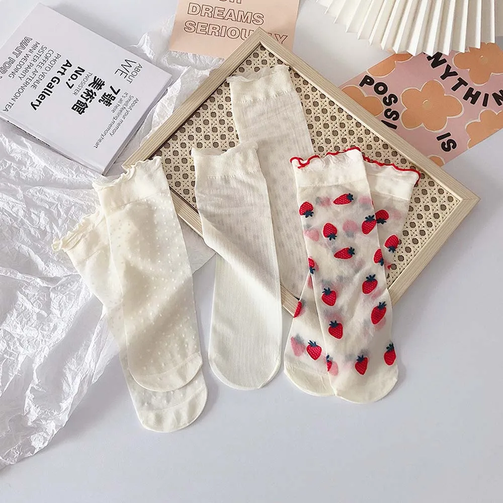 

Girls Cute Strawberry Lace College Style Ruffles Lolita Socks Tube Socks Women Hosiery Cartoon