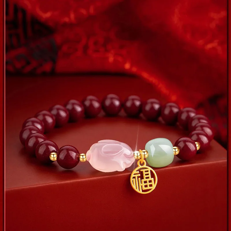 Doppelschichtiges Armband, natürliches südliches rotes Glücksjahr, Hotan-Jade-Armband, Mädchen-Kaninchen-Schmuck, Geschenk, weibliches Geburtstagsgeschenk