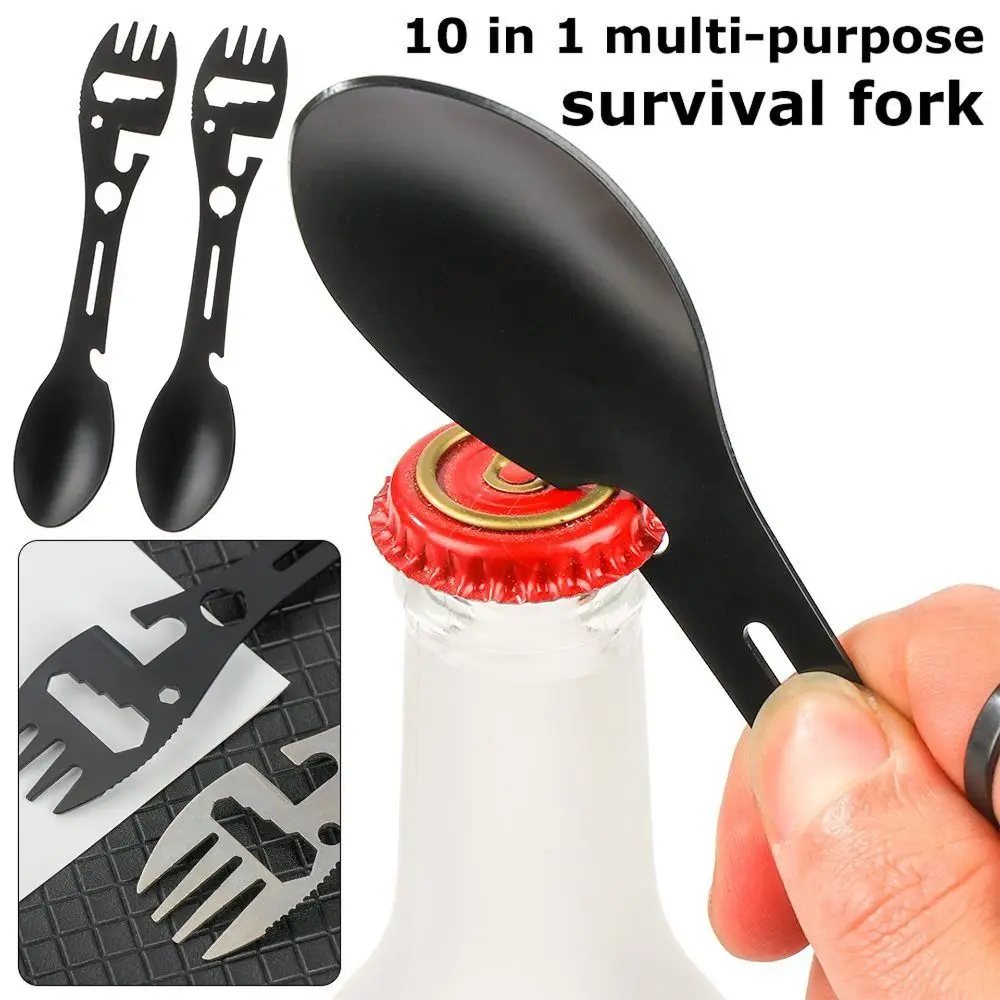 10 in 1 Outdoor Spork Fork Spoon Stainless Steel Wrench Camping Survival Tool Whistle Multi-function Multifunctional Spork camping multi tool