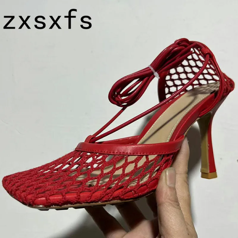 

Женские сетчатые босоножки на тонком высоком каблуке, брендовые дизайнерские классические туфли-лодочки с квадратным носком и ремешком на щиколотке, лето 2022