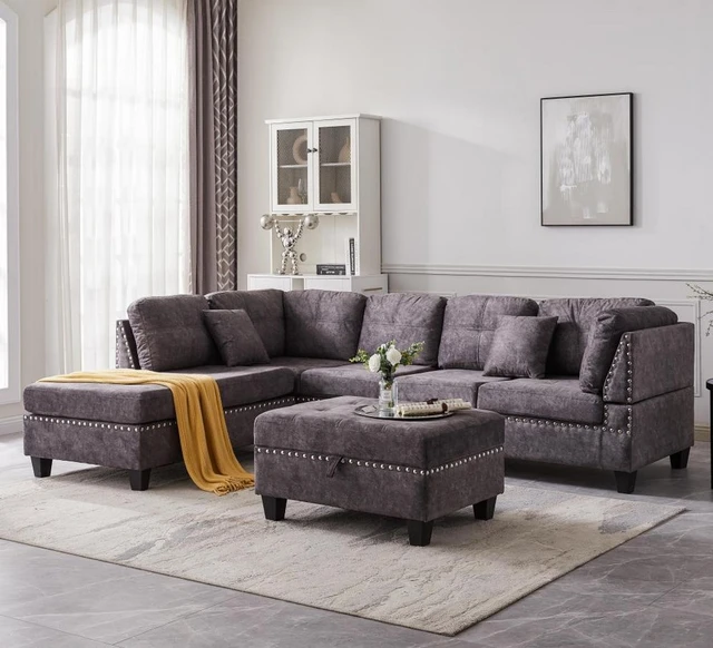 HOMCOM Divano Modulare Componibile 3 Posti con Pouf e Contenitori Blu