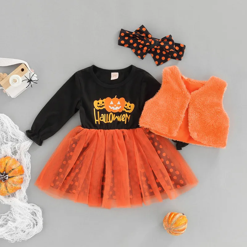 Halloween Baby Girl Dress 3 Pieces Suit Set, Pumpkin Letter Dots Print O-Neck Long Sleeve Dress Solid color Waistcoa