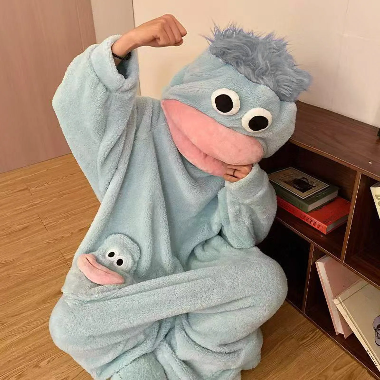 성인용 파자마 빅 마우스 몬스터 점프수트 부드러운 플러시 후드 라운지웨어 영화 감상용 가족 놀이용 아늑하고 편안한 파자마