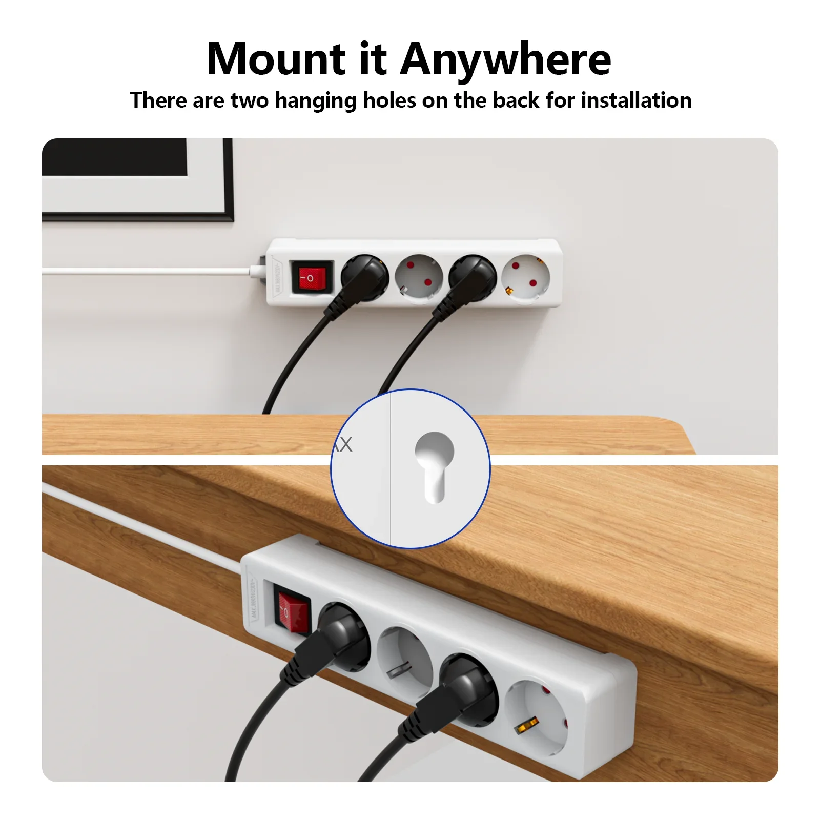 4 Outlet EU Surge Protector Power Strip 1.5m/2m Extension Cord AC Plug Socket Adapter Overload Protection