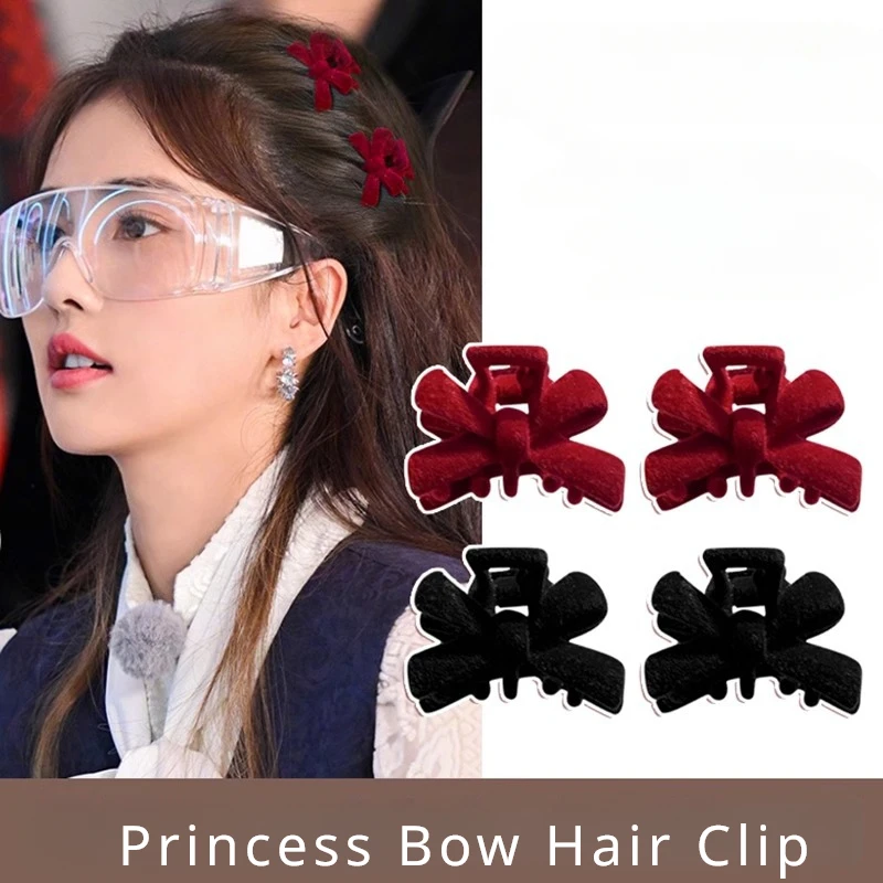 

2pcs Red Black Velvet Bow Small Hair Clip Women Girls Sweet Cute Bangs Side Clip Broken Hair Finishing Clips Korean Styling Grip