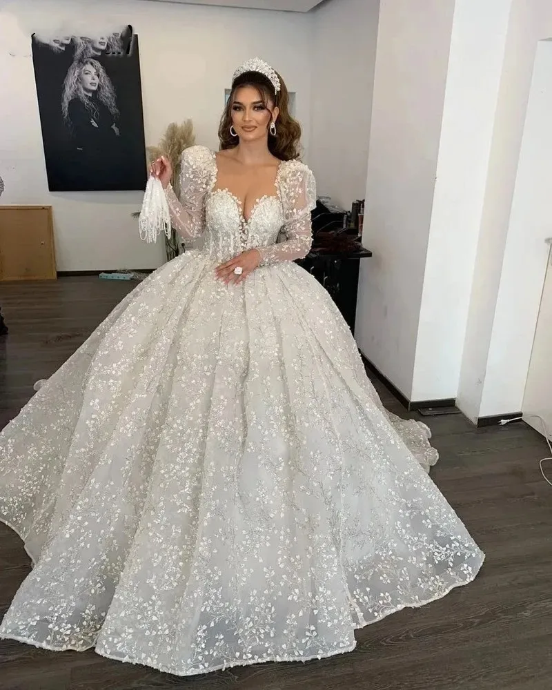 

Luxury 3D Floral Wedding Dresses Puff Long Sleeves Applique Sheer Neck Arabic Bridal Gowns For Women Princess Vestido De Noiva
