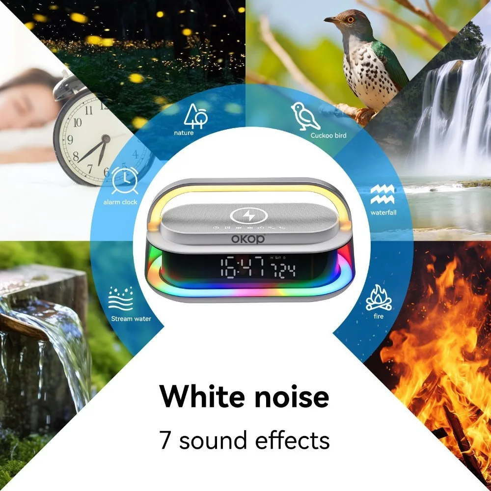 OKOP 15W Bluetooth-Lautsprecher mit kabelloser Ladefunktion, Desktop-Wecker, RGB-Ambientebeleuchtung, USB-, TF- und AUX-Anschluss sowie Subwoofer_voghion.com