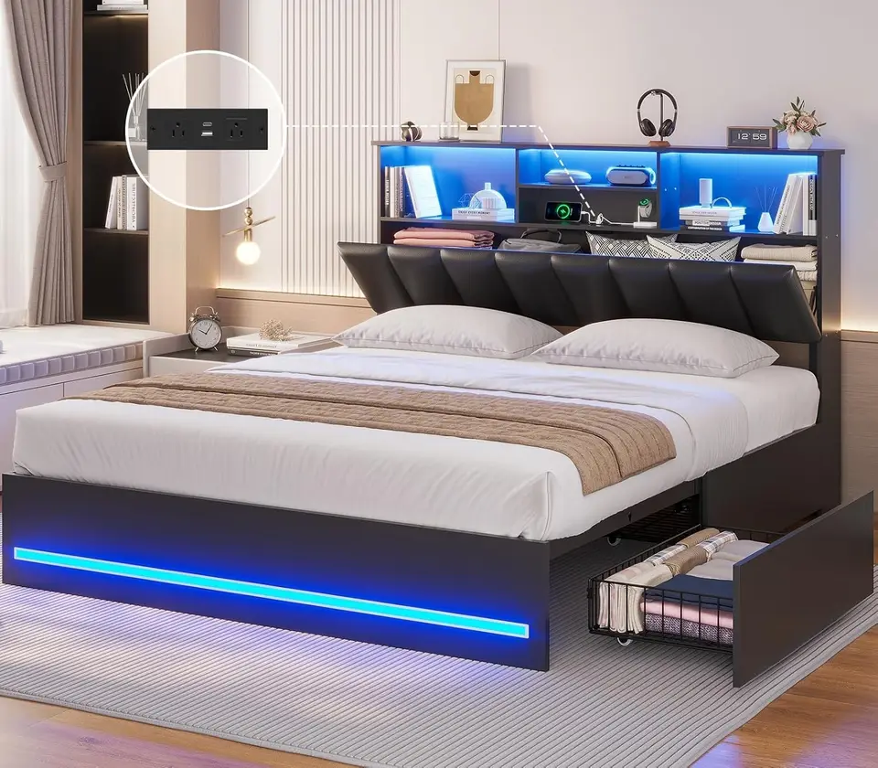 Stylish Queen Bed Frame with Bookcase and Charging Station