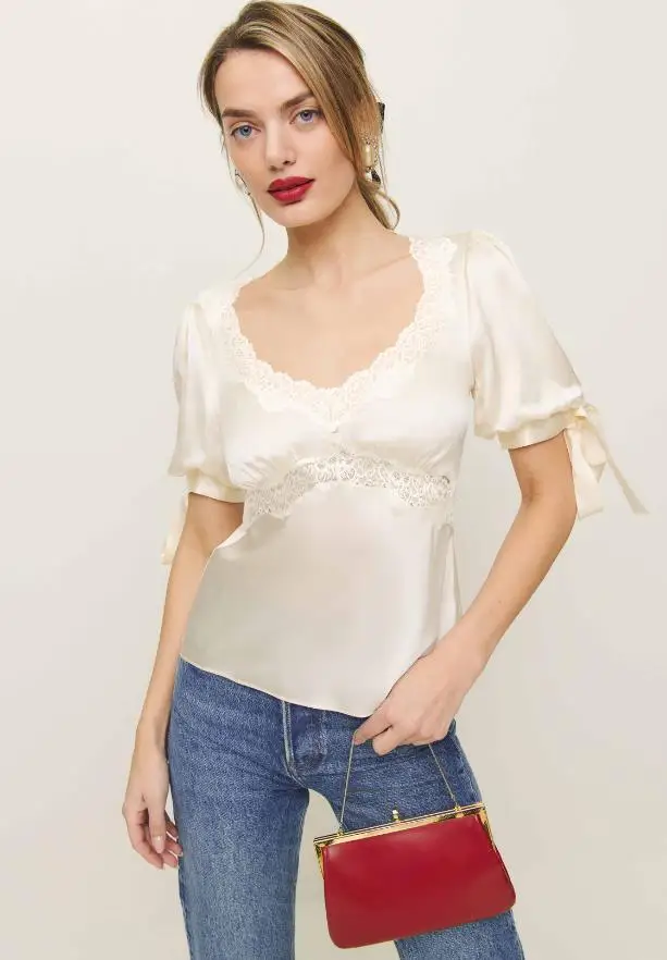 Chemisier d'été en Satin pour femmes, hauts en dentelle, Patchwork, manches courtes bouffantes, col en v, avec attaches en ruban réglables - AliExpress