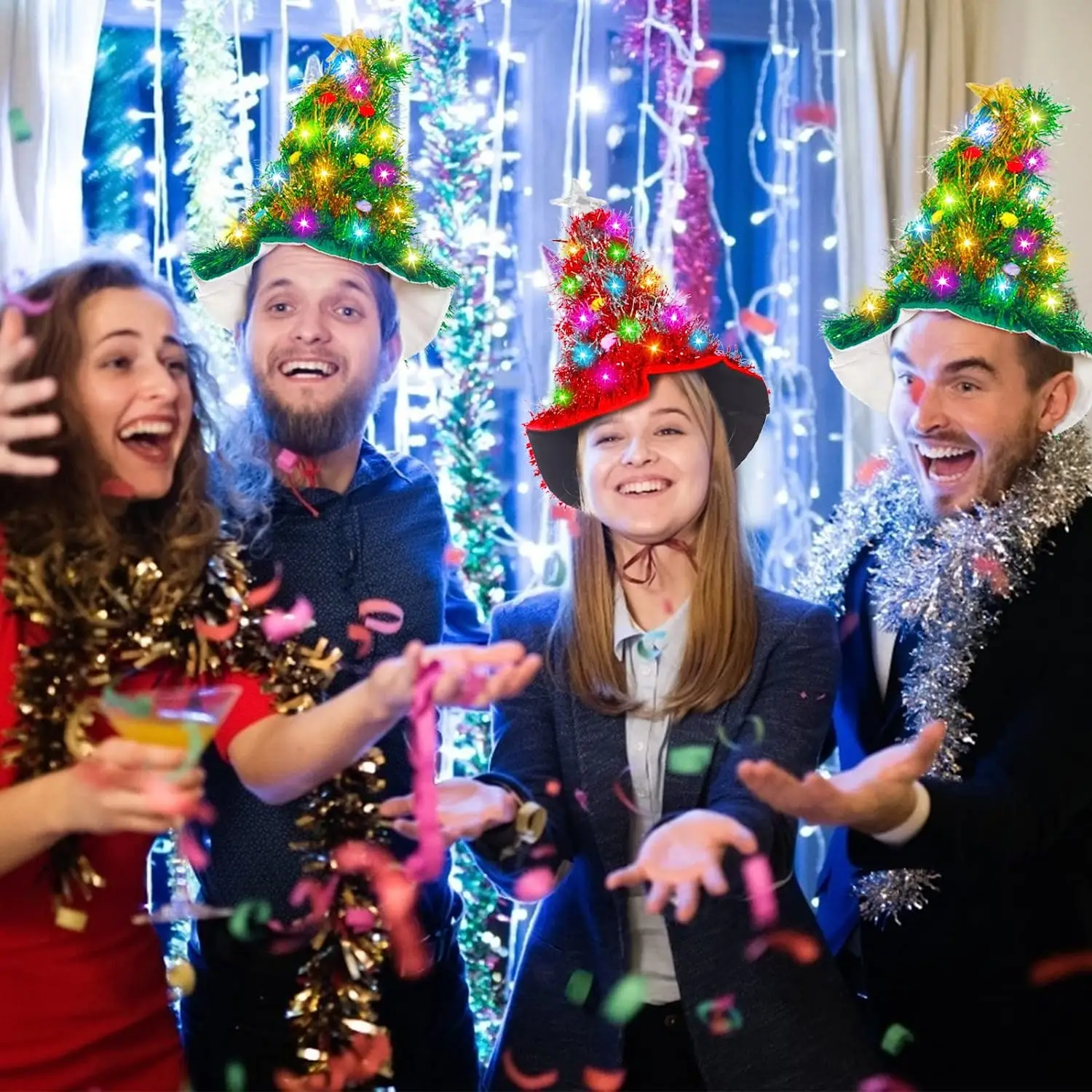 Adults Kids Blinking Glowing Christmas Tree Hats Santa Hat with Tinsel LED Colorful Lights Star New Year Costume