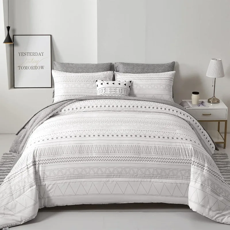 comforter-set-king-size7-pieces-bed-in-a-bag-grey-white-comforter-geometric-bohemian-complete-bedding-set-with-sheet